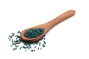 Front view of a wooden spoon filled with Organic Cauliflower (Brassica oleracea) seeds. Isolated on a white background.