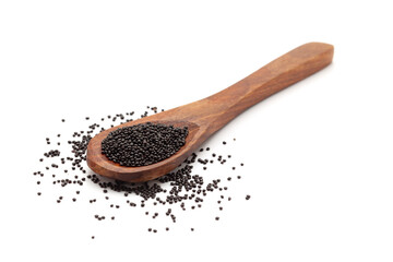 Front view of a wooden spoon filled with Organic Red Amaranthus or Laal Saag (Amaranthus cruentus) seeds. Isolated on a white background.