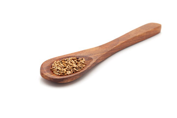 Front view of a wooden spoon filled with Organic Aster (Aster amellus) seeds. Isolated on a white background.