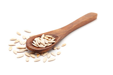 Front view of a wooden spoon filled with Organic Wild Melon (Cucumis callosus) or Kachriya seeds. Isolated on a white background.