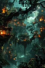 Mystical Jungle Village: Enchanted Treehouses at Night