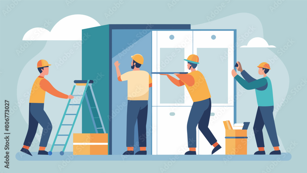 Poster with expert skill and teamwork workers construct modular bathroom units preparing them to be install