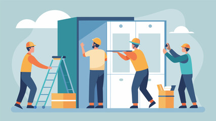 With expert skill and teamwork workers construct modular bathroom units preparing them to be installed in a series of prefabricated hotel rooms.. Vector illustration