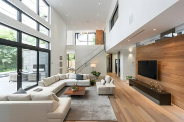 A minimalist modern house with white walls and wood cladding, featuring large windows that...