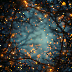 Beautiful fairy lights pattern with tree branches around the frame with blank center for background.