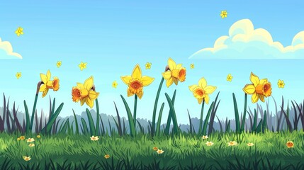Background Of Yellow Daffodil Flowers, Cartoon Background