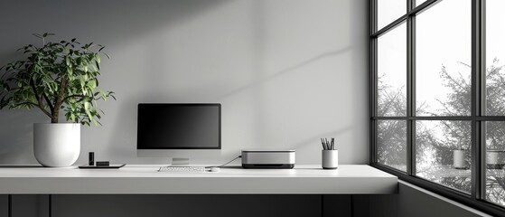Capture the essence of simplicity in a side view of a minimalist home office