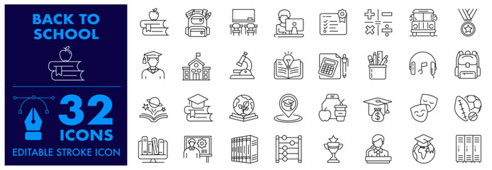 Back to school icon Editable Stroke icon sets. Related with education, success, academic subjects, School, university, textbook, learning and more.