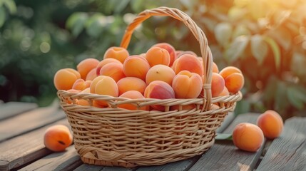   A basket overflowing with apricots atop a weathered wood table Nearby, leaves scatter the floor, and a bush borders the scene