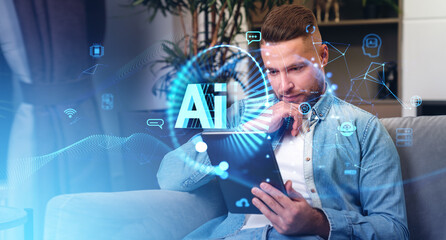 Man with tablet and AI technology hologram with virtual assistant icons