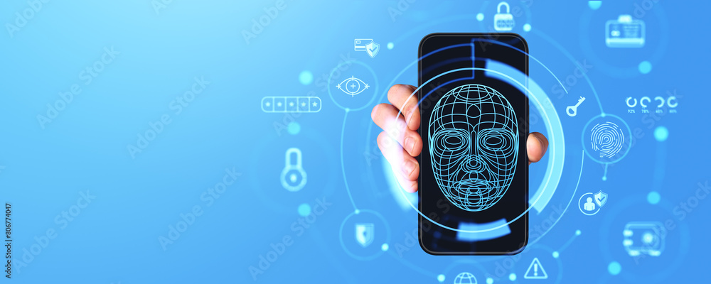 Poster man holding phone with biometric scanning and authentication, copy space