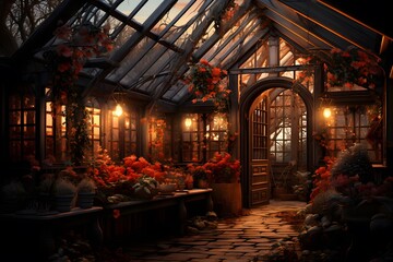 Hothouse decorated with flowers in the garden at night. 3d rendering