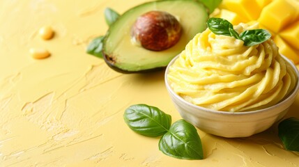   A bowl of mashed potatoes next to a sliced avocado and two sliced avocados on a yellow surface