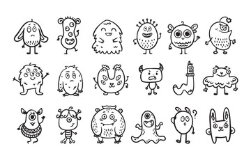 Monster alien doodle set, funny and cutes monster, hand drawn cartoon line monsters.