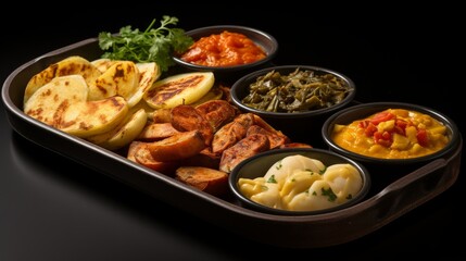 A tray holding an array of diverse foods, showcasing a variety of colors, textures, and flavors
