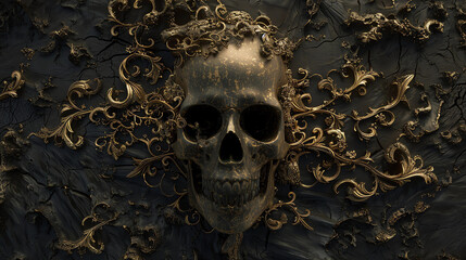 Macabre Backdrop Featuring a Golden Human Skull Emerging From a Black Wall Covered With Vines