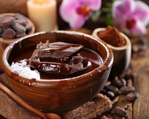 A wooden bowl filled with melted chocolate and chunks of chocolate bars.