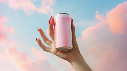 Elegant hand with red nails holding a pink soda can against a cloudy sky