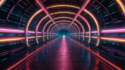 Vibrant neon lit futuristic tunnel with a sci fi atmosphere