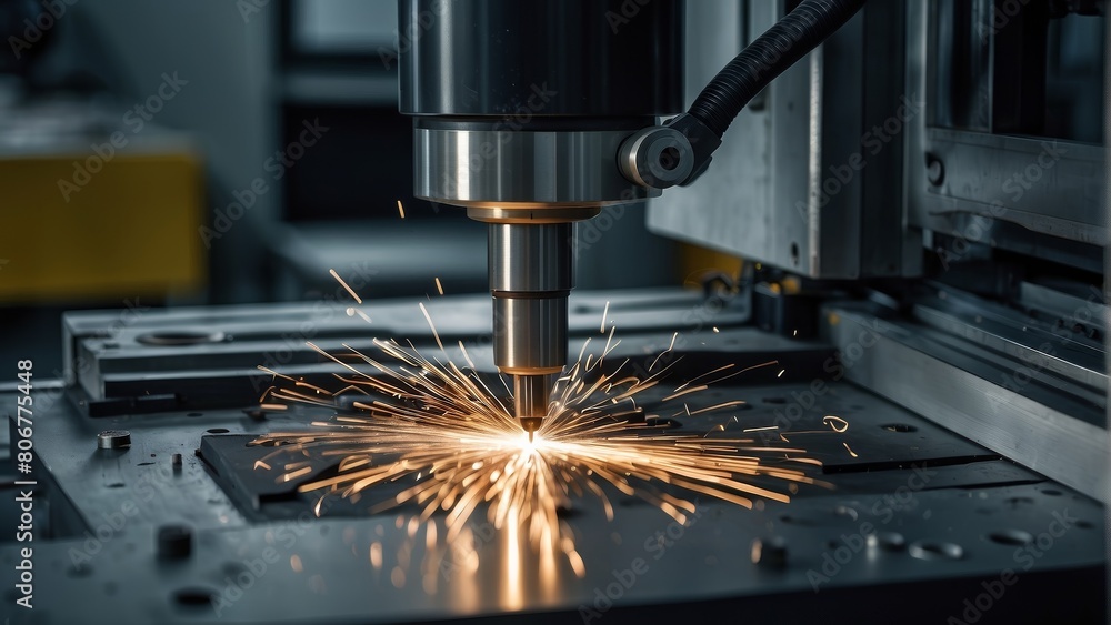 Poster cnc milling machine in action with sparks flying