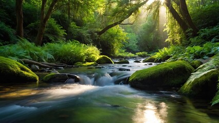 Fototapeta premium Serene stream flows through a sun dappled forest