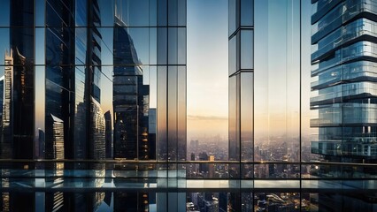 Fototapeta premium Sunset reflecting on glass facade of modern urban architecture