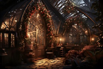 3D rendering of a Christmas theme in a greenhouse at night.
