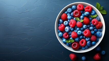   A bowl of raspberries, blueberries, and mint leaves on a dark blue background