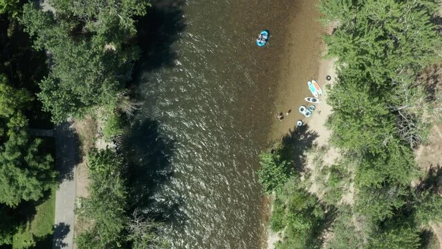 Drone footage of people floating down boise river in summer
