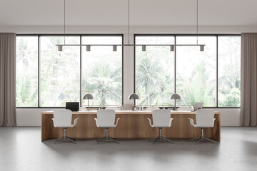 Modern office meeting room interior with table and seats, panoramic window