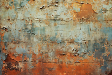 Aged rusty metal background showing layers of flaking blue and orange paint, evidence of decay. Great for use as an overlay or for the addition of your text.