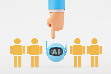 Human finger point at AI standing between people, machine replace humans