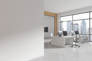 Spacious modern office interior with wooden elements, floor-to-ceiling windows, desks and chairs, light design style, overlooking city skyline. 3D Rendering