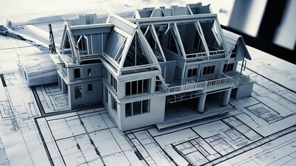 Blueprints on a desk, depicting architectural planning