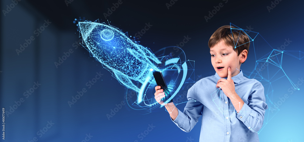 Poster child with smartphone and rocket hologram launch with connection lines