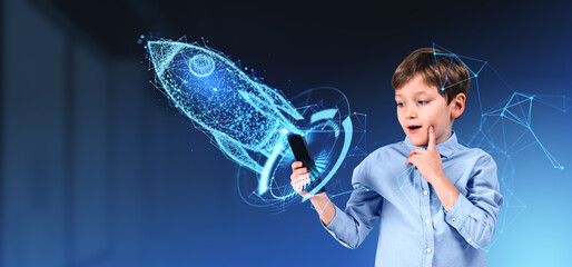 Child with smartphone and rocket hologram launch with connection lines