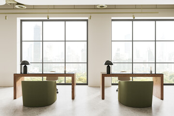 Modern nail salon with armchairs in row and panoramic window on skyscrapers