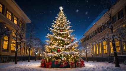 Fototapeta premium Christmas decorated house and tree on snowy evening