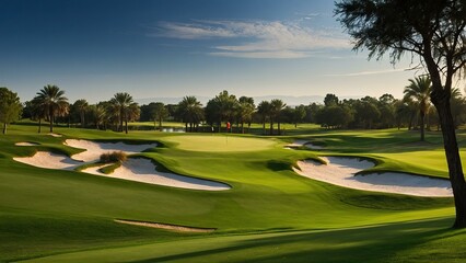 Sunset over a serene golf course with lush greens and bunkers