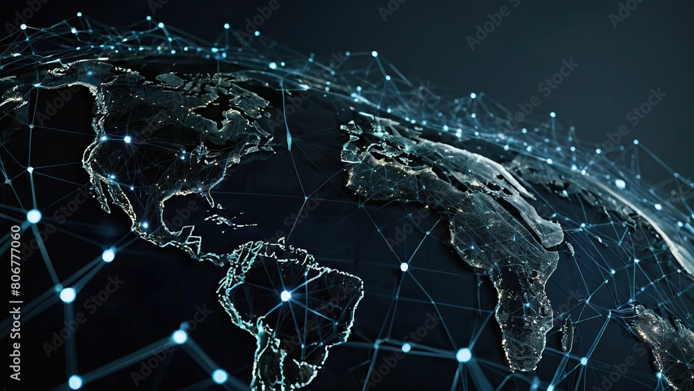 Poster global digital network map representing business and technology