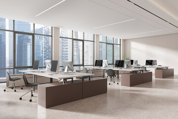 A spacious modern office interior with desks, chairs, computers, against cityscape windows, bright workspace concept. 3D Rendering