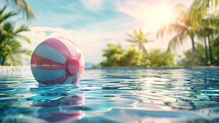 Colorful inflatable balls floating in the swimming pool.