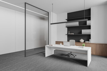 A modern CEO office interior with a desk, chair, shelves, and decorations on white walls, concept of corporate workspace. 3D Rendering