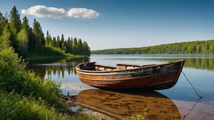 Obraz premium Rusty fishing boat rests on a tranquil river shore