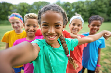 A group of children in colorful t-shirts show their muscles while playing sports outdoors, with green grass and trees providing the background