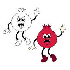Groovy pomegranate character. Pomegranate. Funny cartoon retro character pomegranate in flat and doodle style.