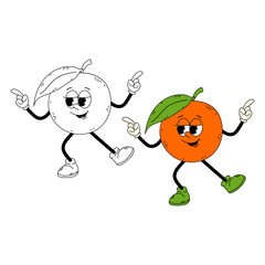 Groovy citrus fruit character. Orange. Funny cartoon retro character citrus fruit in flat and doodle style. 