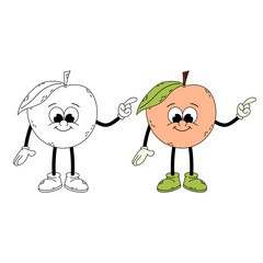 Groovy peach character. Peach. Funny cartoon retro character peach in flat and doodle style.