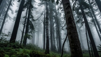 Obraz premium Misty mountain forest with towering green conifers