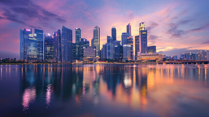 City Skyline The iconic skyline of a bustling metropolis at dusk with towering skyscrapers illuminated by the warm glow of city lights reflecting in the calm waters of a nearby river.